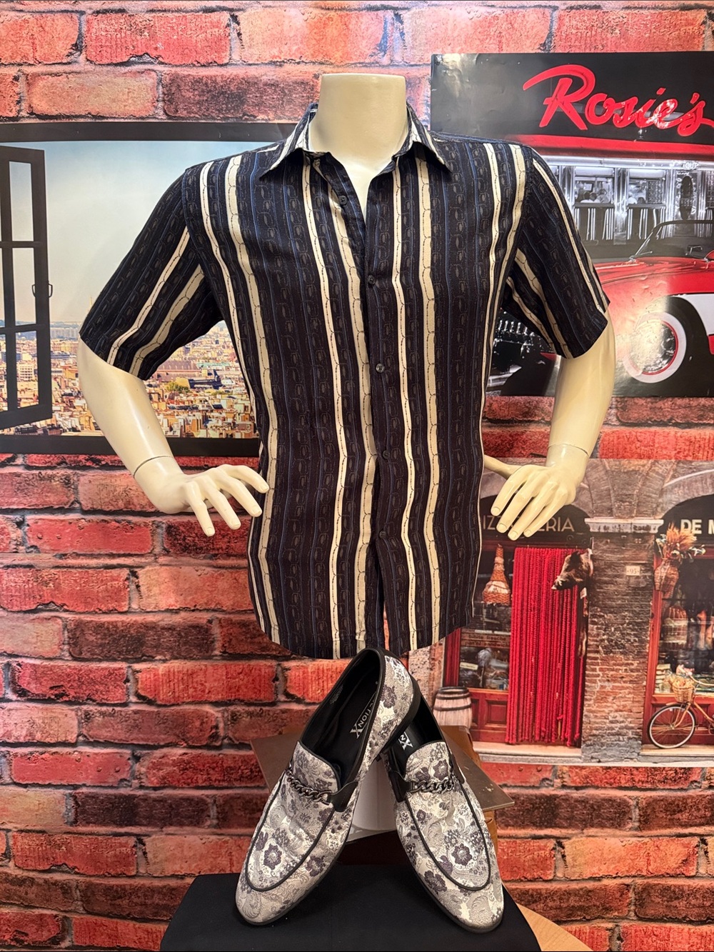 Axcess Navy Shirt with Beige and Light Blue Stripes